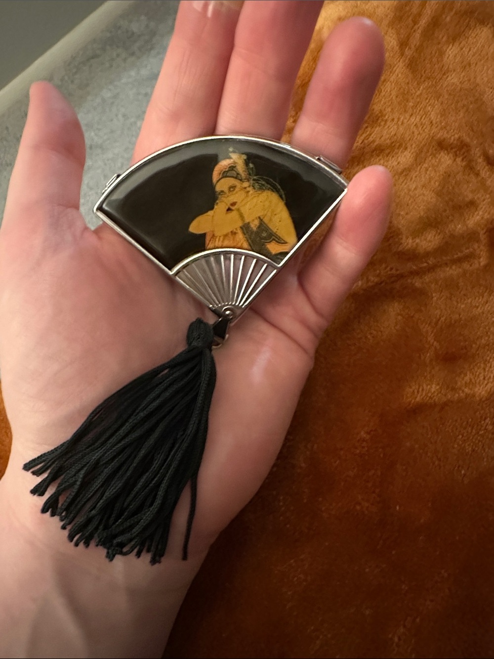 Black Fan-Shaped Compact Mirror with Tassel